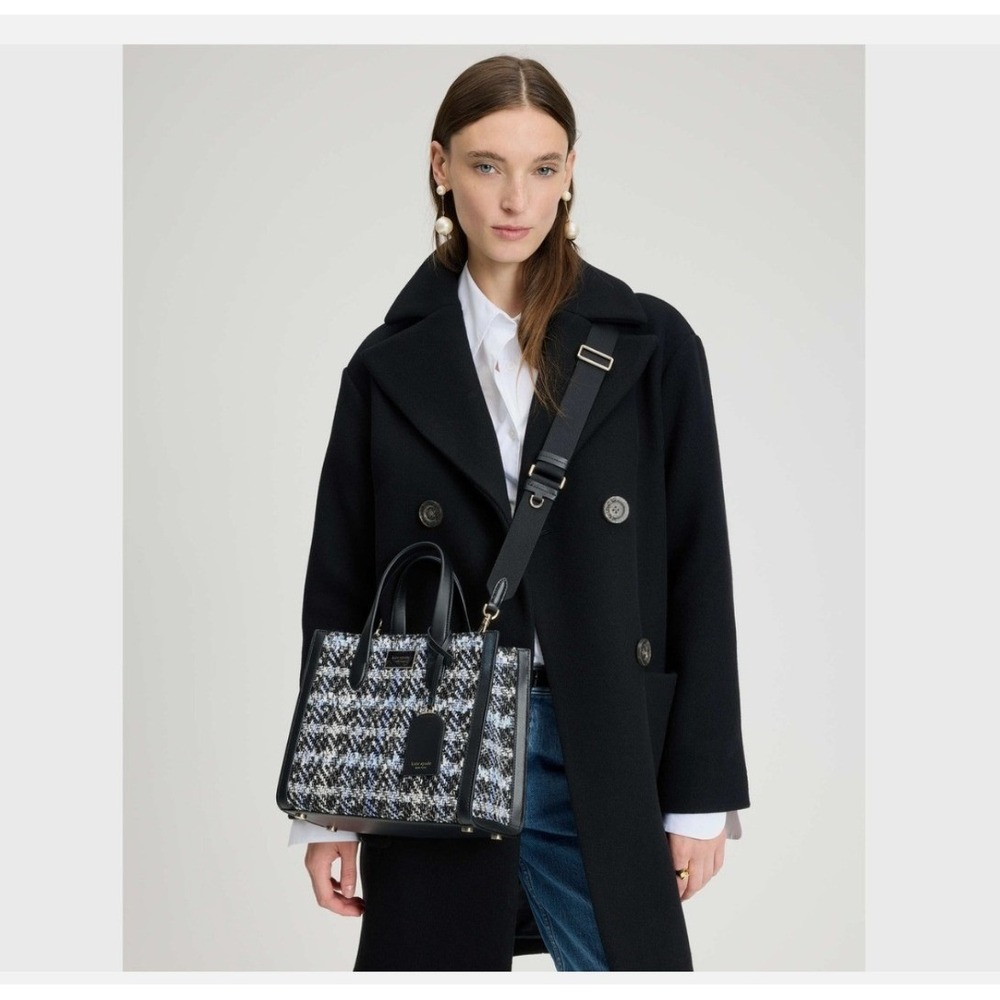 Kate Spade Manhattan Tote Womens Small Blue Black Excellent Tweed Crossbody Bag
